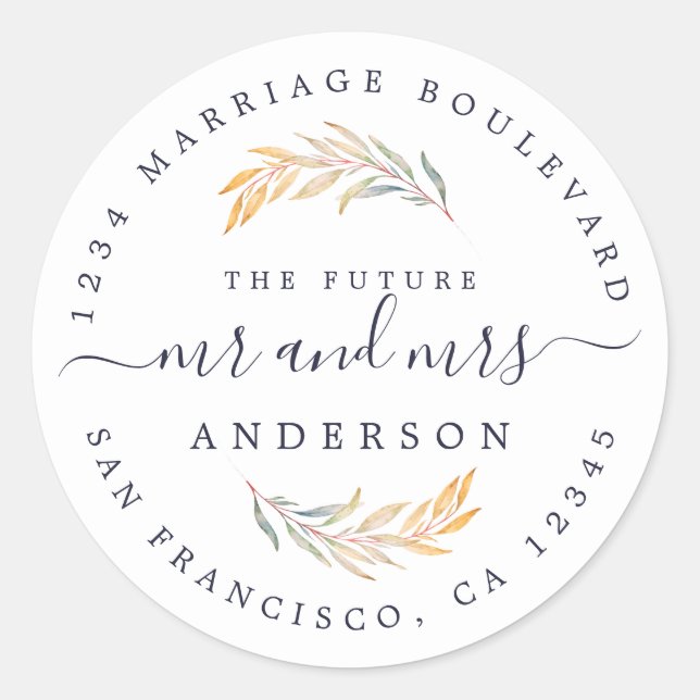 Sticker Rond Fall Foliage Future Mme Mariage Adresse de retour (Devant)