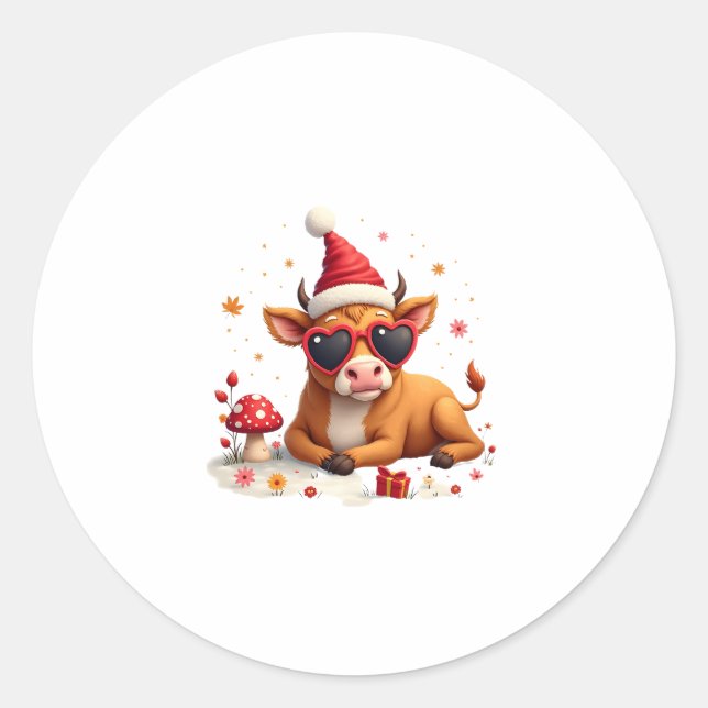 Sticker Rond Fall Highland Cow Pumpkin Bow Christmas Girls Kids (Devant)
