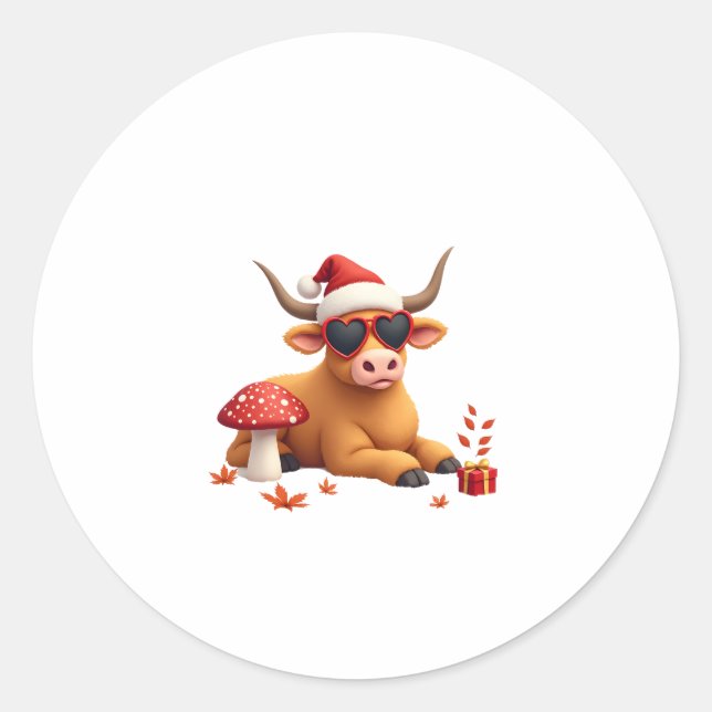 Sticker Rond Fall Highland Cow Pumpkin Bow Christmas Girls Kids (Devant)