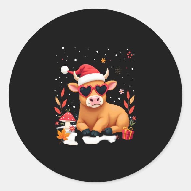 Sticker Rond Fall Highland Cow Pumpkin Bow Christmas Girls Kids (Devant)