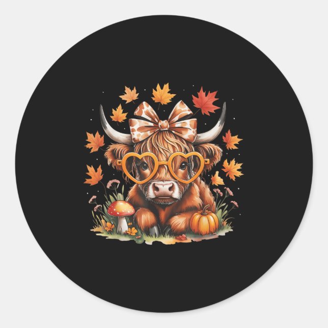 Sticker Rond Fall Highland Cow Pumpkin Bow Thanksgiving Fall Gi (Devant)