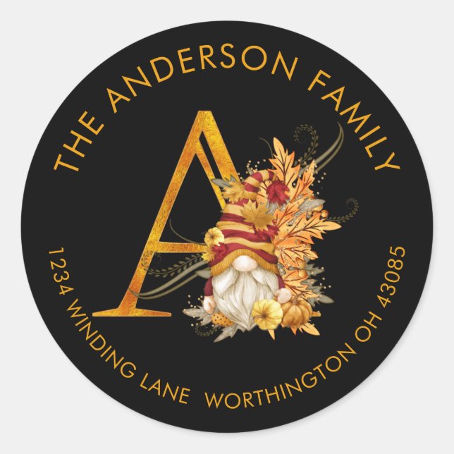 Sticker Rond Fall Season Gnome Monogram Letter A Address Label (Devant)