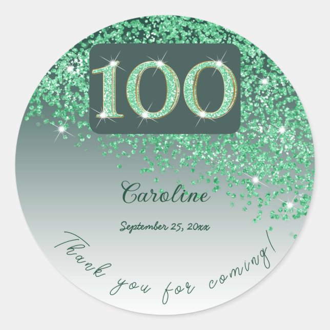 Sticker Rond Falling Green Parties scintillant, 100th Birthday  (Devant)