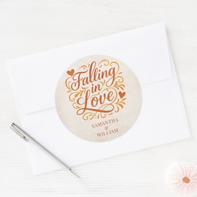 Sticker Rond Falling in Love Modern Autumn Wedding  (Enveloppe)