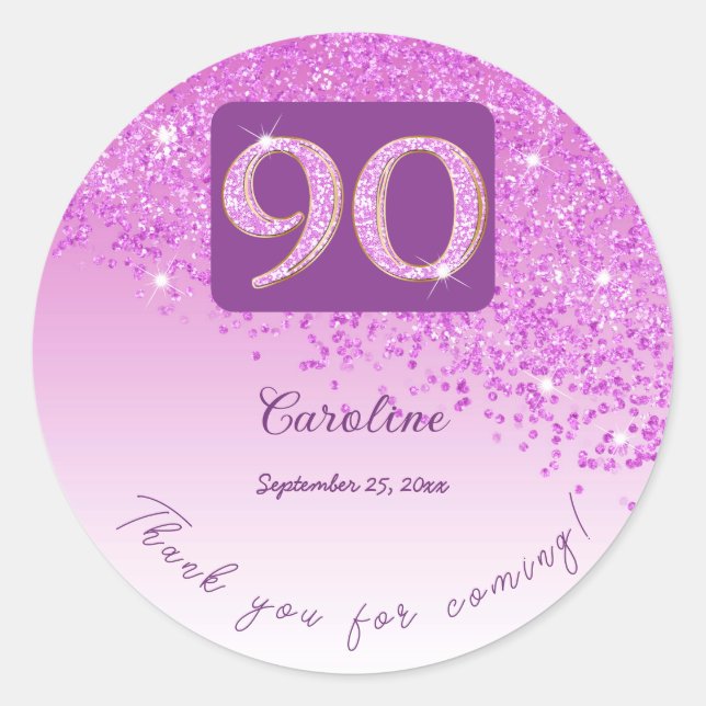 Sticker Rond Falling Pink Parties scintillant, 90e anniversaire (Devant)
