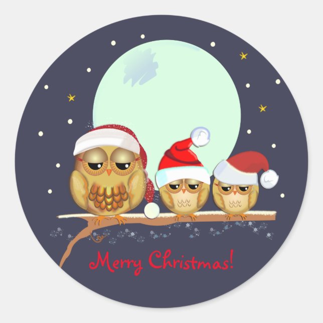Sticker Rond Famille Cute Owl avec chapeaux Santa & texte perso (Devant)
