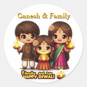 Sticker Rond Famille Cute personnalisée à Diwali Attire