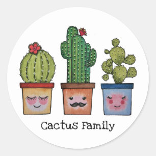 Sticker Rond Famille de cactus mignonne dans l'aquarelle