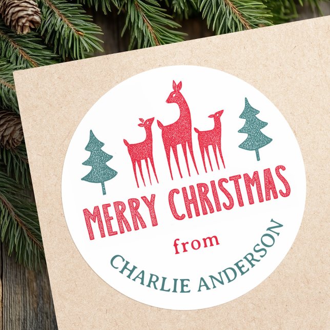 Sticker Rond Famille de cerfs Joyeux Noël à partir du cadeau de (Deer family Merry Christmas from name gift labels)