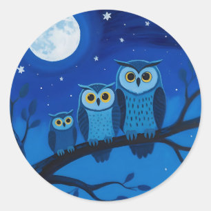Sticker Rond Famille de hiboux sous la lune