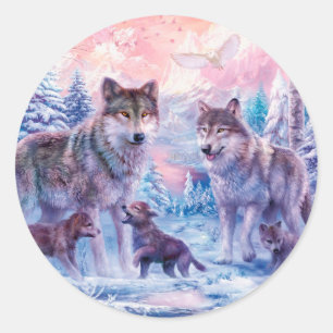 Sticker Rond Famille De Loups Peinture