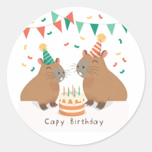 Sticker Rond Famille de mignonne capybara fêtant son anniversai