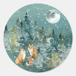 Sticker Rond Famille de renards dans une forêt enneigée sous la