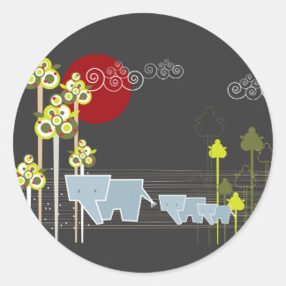 Sticker Rond Famille D'Éléphants Whimsical Dans La Forêt Et Le