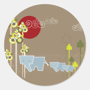 Sticker Rond Famille D'Éléphants Whimsical Dans La Forêt Et Le