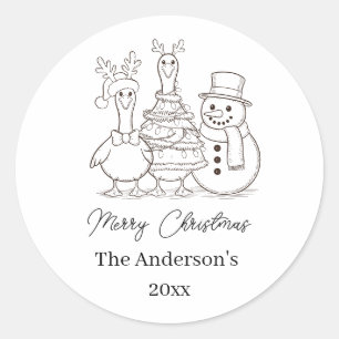 Sticker Rond Famille d'oie de Noël Doodle noir blanc moderne