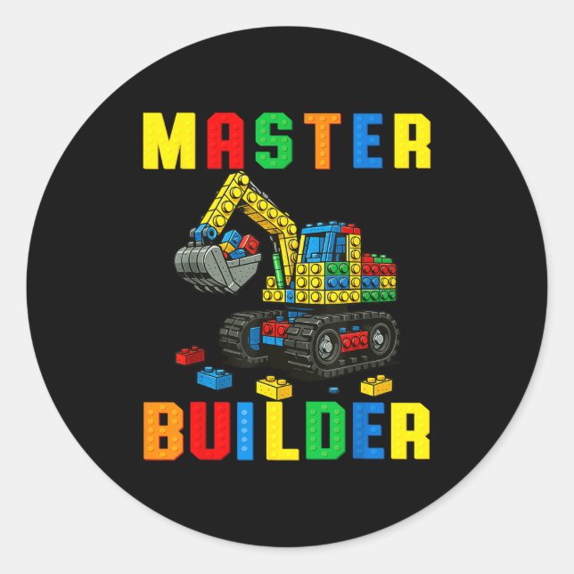 Sticker Rond Famille drôle Master Builder Construction Briques  (Devant)