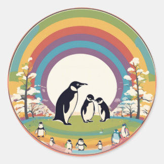 Sticker Rond Famille Pingouin mignonne