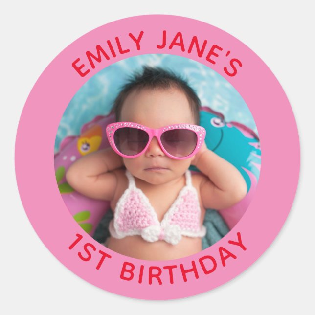 Sticker Rond Famille rose et rouge Photo 1er anniversaire Favor (Devant)