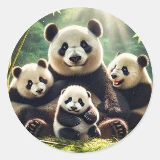 Sticker Rond "Famille Serene Panda dans l'autocollant forestier