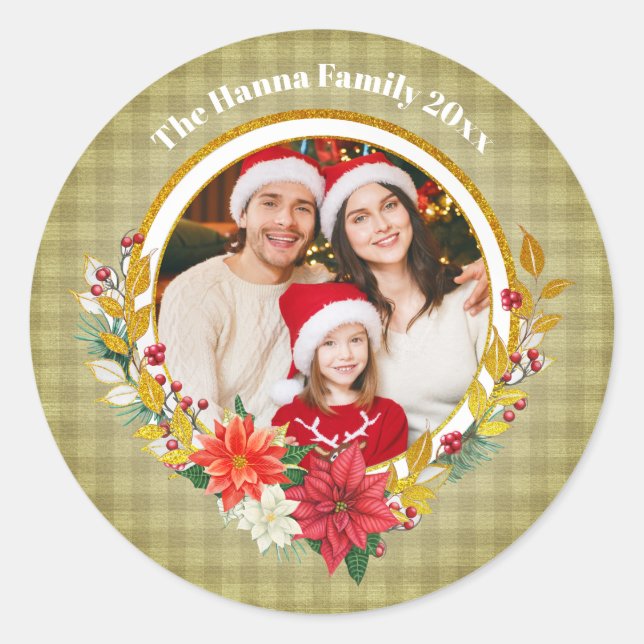 Sticker Rond Family Photo & Poinsettia Merry Christmas Gift (Devant)