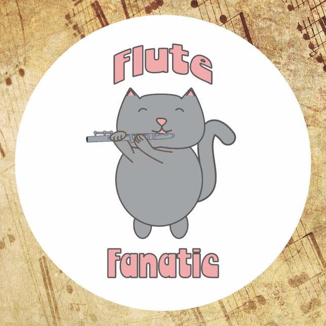 Sticker Rond Fanatique de la flûte chat gris rose (A sticker featuring a gray cat playing the flute & the words flute fanatic in pink.)