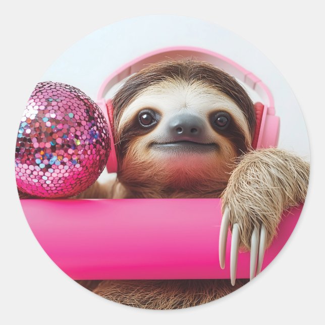 Sticker Rond Fanky Sloth avec casque rose et boule disco (Devant)