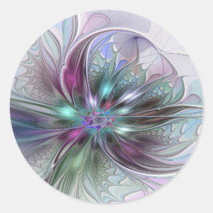 Sticker Rond Fantaisie Abstraite Moderne Fleur Fractale Colorée