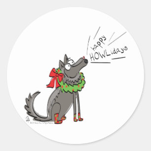 Sticker Rond Fantaisie Loup Noël Joyeux Howlidays Holiday