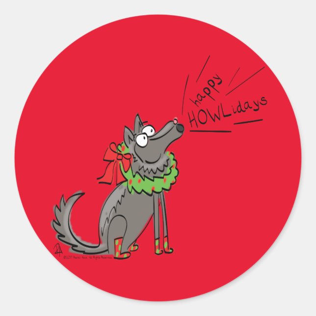 Sticker Rond Fantaisie Loup Noël Joyeux Howlidays Holiday (Devant)