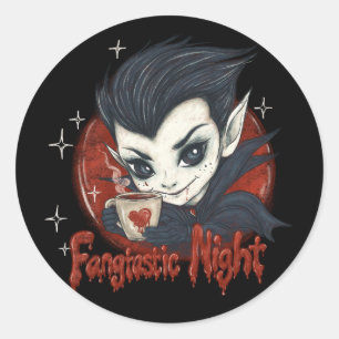 Sticker Rond Fantastique nuit. Vampire mignon avec une tasse de