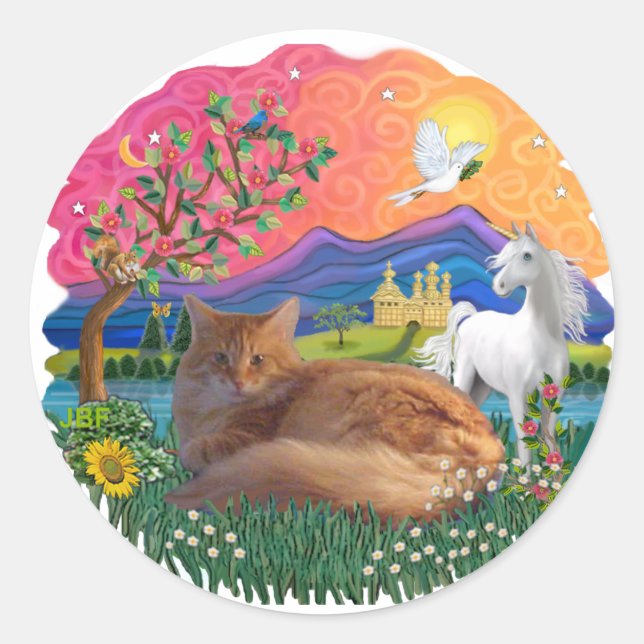 Sticker Rond Fantasy Land (ff) - chat Maine Coon (rouge) (Devant)