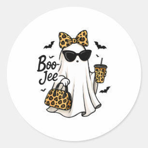 Sticker Rond Fantôme Boo Jee avec nœud coquet café Halloween F
