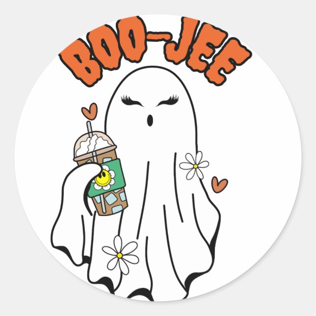 Sticker Rond Fantôme d'Halloween Boo-Jee avec café glacé à la m (Devant)