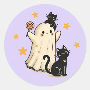Sticker Rond Fantôme d'Halloween et chats noirs mignons