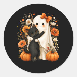 Sticker Rond Fantôme d'Halloween étreignant Chat Noir Citrouill