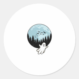 Sticker Rond Fantôme d'Halloween Forêt Sombre Lune Vintage_1