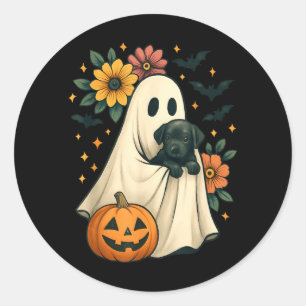 Sticker Rond Fantôme Floral Chien Noir Coquette Drôle Halloween