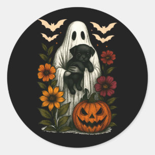 Sticker Rond Fantôme Floral Chien Noir Coquette Drôle Halloween