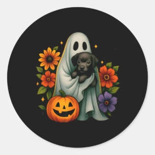 Sticker Rond Fantôme Floral Chien Noir Coquette Halloween Drôle