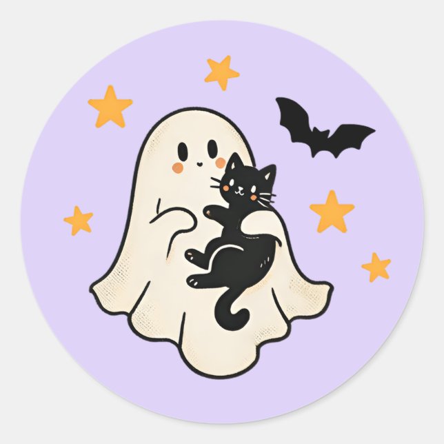 Sticker Rond Fantôme Flottant Mignon d'Halloween avec Chat Noir (Devant)