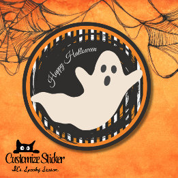 Sticker Rond Fantôme Halloween Orange & Noir Rayure Vintage