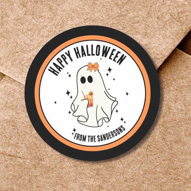 Sticker Rond Fantôme Joyeux Halloween (Cute Ghost Happy Halloween Classic Round Sticker)