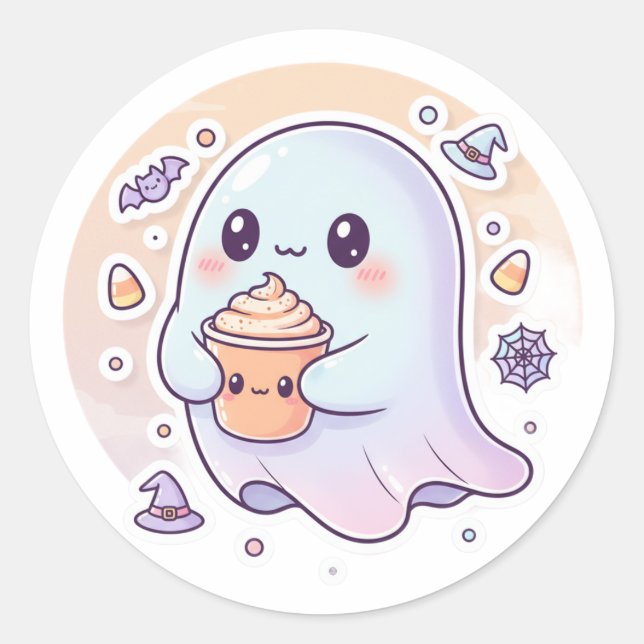 Sticker Rond Fantôme Kawaii avec Latte de Citrouille – Hallowee (Devant)