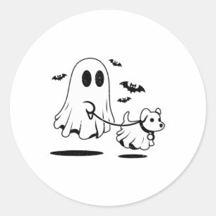 Sticker Rond Fantôme Marche Chien Habillé Comme Fantôme Drôle H