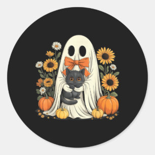 Sticker Rond Fantôme Mignon Avec Citrouille D'Halloween De Chat