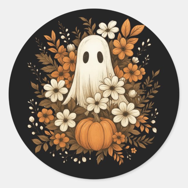 Sticker Rond Fantôme mignon avec Citrouille et fleurs d'automne (Devant)