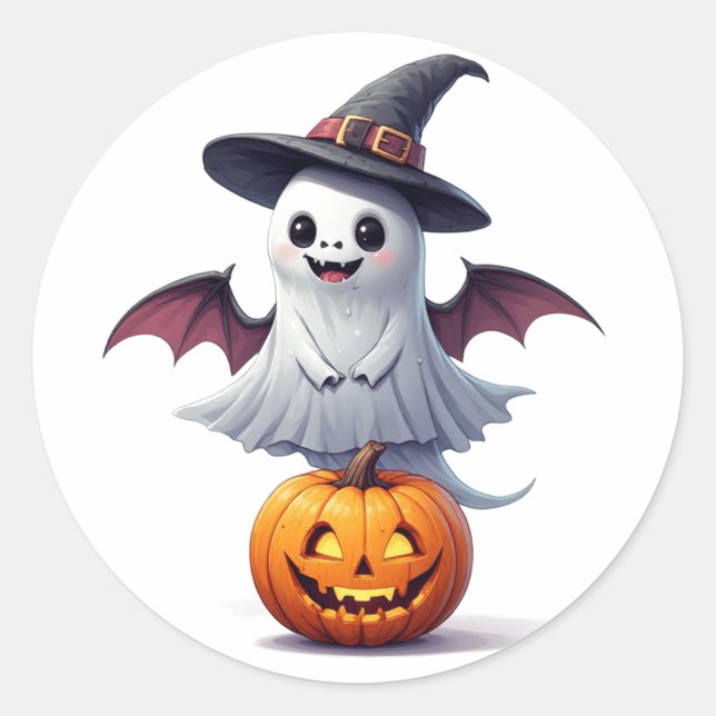 Sticker Rond Fantôme Mignon Avec Citrouille Halloween 👻 (Devant)