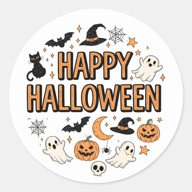 Sticker Rond Fantôme mignon et fête d'Halloween Citrouille (Devant)