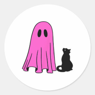 Sticker Rond Fantôme Rose Et Chat Noir Halloween Saison Automne